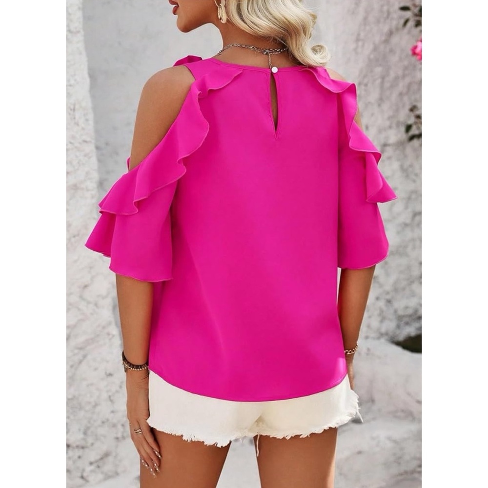 Umgee Hot Pink Ruffle Cold Shoulder Half Sleeve Round Neck Blouse
